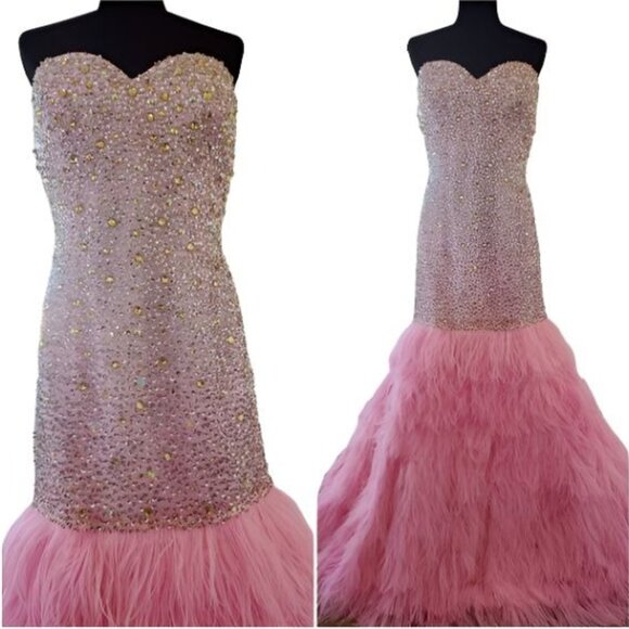 Couture Luxurious Ostrich Feathers Designer Embroidery Evening Prom Gown Dress - Picture 5 of 16